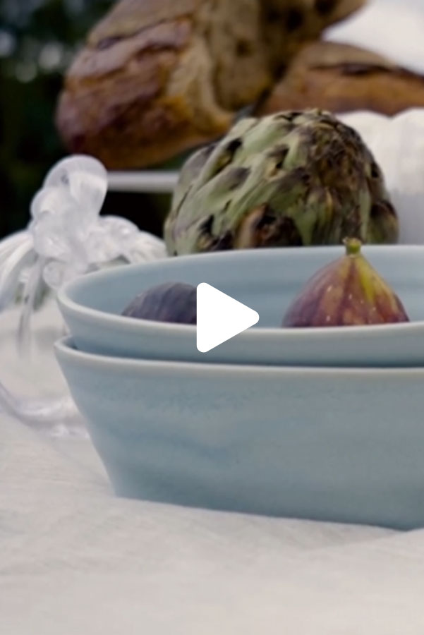 Click here to play the Bristol Mist Dinnerware Launch video. Visual: a table set with blue dinnerware